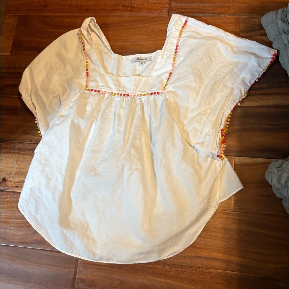 Madewell Embroidered Peasant XS White Boho Flutter Sleeve Multicolor Trim 0260